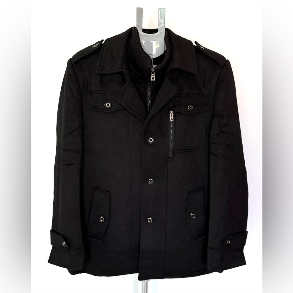 Aptro Men’s Wool Blend Military Style Pea Coat Black Size Large New with Tags